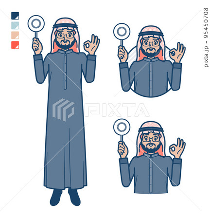 黒い衣装を着たアラビア人ミドル男性がマル印パネルを出すイラスト 95450708