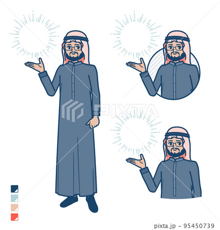 黒い衣装を着たアラビア人ミドル男性が光を操っているイラスト 95450739