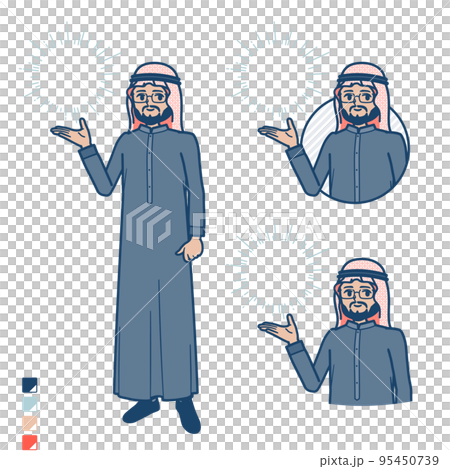 黒い衣装を着たアラビア人ミドル男性が光を操っているイラスト 95450739