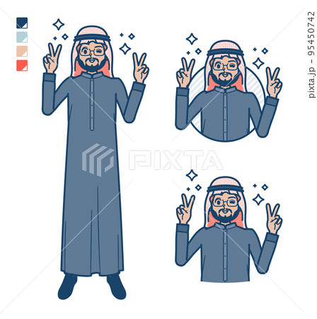 黒い衣装を着たアラビア人ミドル男性がピースサインをしているイラスト 黒い衣装を着たアラビア人ミドル男性がピースサインをしているイラスト 95450742
