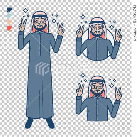 黒い衣装を着たアラビア人ミドル男性がピースサインをしているイラスト 黒い衣装を着たアラビア人ミドル男性がピースサインをしているイラスト 95450742