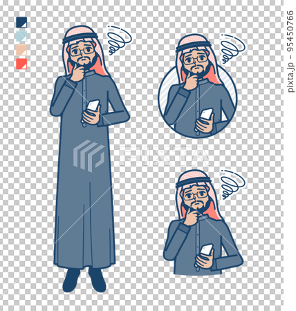 Illustration that an Arabian middle man wearing a black costume is in trouble with a smartphone Illustration that an Arabian middle man wearing a black costume is in trouble with a smartphone 95450766