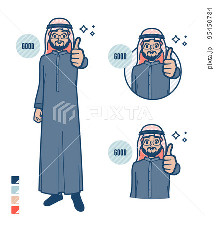 黒い衣装を着たアラビア人ミドル男性がサムズアップをしているイラスト 黒い衣装を着たアラビア人ミドル男性がサムズアップをしているイラスト 95450784