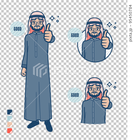 黒い衣装を着たアラビア人ミドル男性がサムズアップをしているイラスト 黒い衣装を着たアラビア人ミドル男性がサムズアップをしているイラスト 95450784