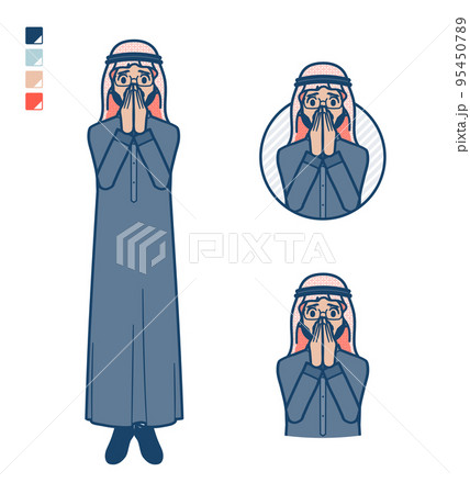 黒い衣装を着たアラビア人ミドル男性が驚き不安な様子になっているイラスト 95450789