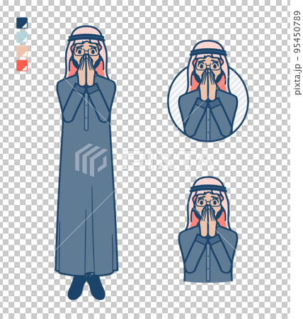黒い衣装を着たアラビア人ミドル男性が驚き不安な様子になっているイラスト 95450789