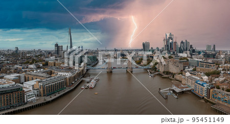 Lightening and thunderstorm in the middle of London near the Tower bridge in London. 95451149