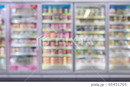 supermarket commercial refrigerators freezer showing frozen foods abstract blur background supermarket commercial refrigerators freezer showing frozen foods abstract blur background 95451705