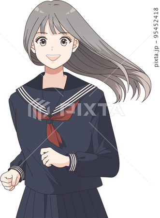 笑顔で走るセーラー服を着たロングヘアの女子学生の上半身イラスト 笑顔で走るセーラー服を着たロングヘアの女子学生の上半身イラスト 95452418