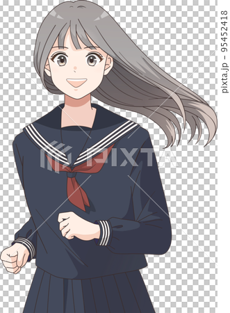 一名穿著水手服的長發女學生笑著奔跑的上身插圖 95452418