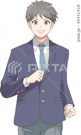 笑顔で走るブレザー服を着た男子学生の上半身イラスト 95452419
