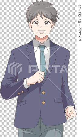 一名男學生穿著西裝外套，微笑著奔跑的上身插圖 95452419