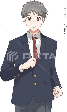 笑顔で走るブレザー服を着た男子学生の上半身イラスト 95452420