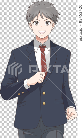 一名男學生穿著西裝外套，微笑著奔跑的上身插圖 95452420