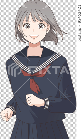 一個穿著水手服的短髮女學生笑著奔跑的上身插圖 95452421