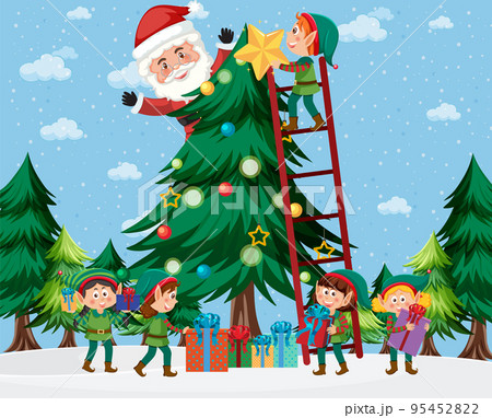 Children in elf costume and Santa Claus decorating Christmas tree 95452822