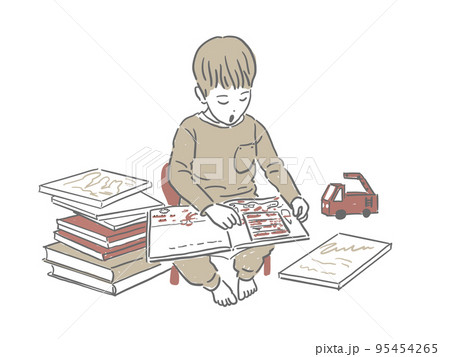 消防車と一緒に楽しそうに絵本を読む子供 95454265