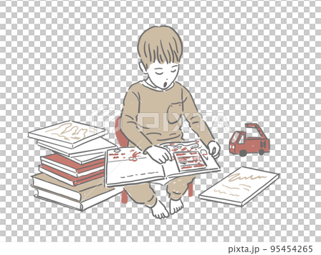 消防車と一緒に楽しそうに絵本を読む子供 95454265