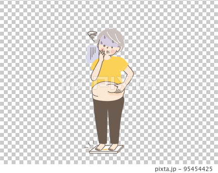 Vector illustration of a fat senior woman who is shocked on a weight scale Vector illustration of a fat senior woman who is shocked on a weight scale 95454425