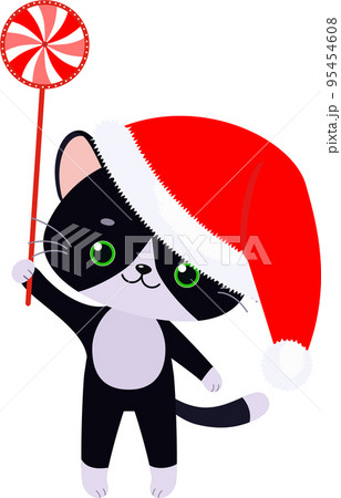 Cute black cat in Christmas hat with Christmas candy Cute black cat in Christmas hat with Christmas candy 95454608
