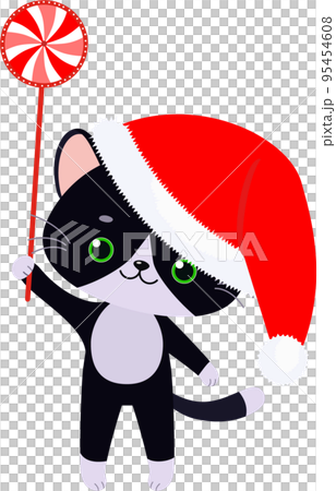 Cute black cat in Christmas hat with Christmas candy Cute black cat in Christmas hat with Christmas candy 95454608