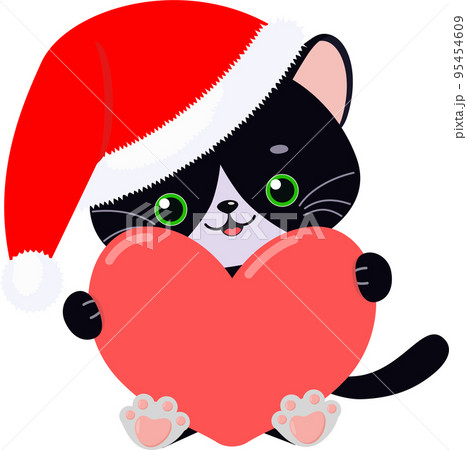 Cute black cat in Christmas hat with heart sign 95454609