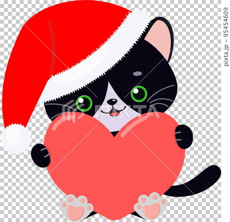 Cute black cat in Christmas hat with heart sign 95454609