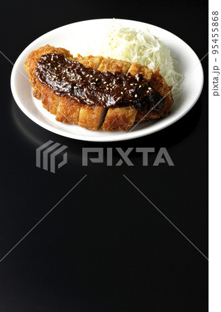 味噌ベースのソースがかかった豚カツとキャベツの千切りを黒背景で撮影 味噌ベースのソースがかかった豚カツとキャベツの千切りを黒背景で撮影 95455868