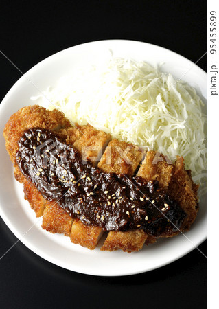 味噌ベースのソースがかかった豚カツとキャベツの千切りを黒背景で俯瞰撮影 味噌ベースのソースがかかった豚カツとキャベツの千切りを黒背景で俯瞰撮影 95455899