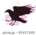 桜の花びらと八咫烏のシルエット 95457405