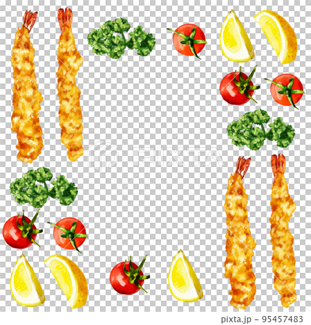 Hand drawn watercolor fried shrimp and garnish illustration square frame Hand drawn watercolor fried shrimp and garnish illustration square frame 95457483