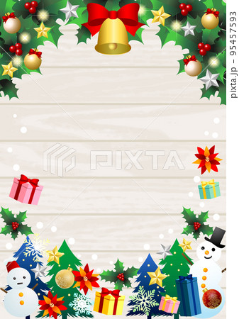 白横木目とクリスマス素材フレームの背景タテ 白横木目とクリスマス素材フレームの背景タテ 95457593