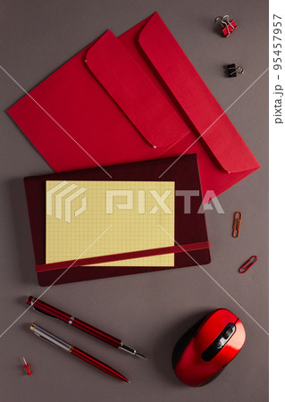 Office stationary supplies and notebook on paper table background. Business flat lay concept 95457957