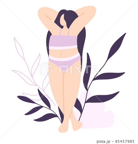 Woman body positive. Poster with girl and leaves. Vector illustration. Flat style. 95457985