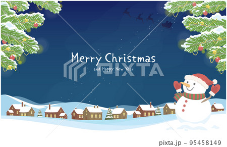 クリスマスの背景イラスト　雪だるまと冬の街の風景　メリークリスマス 95458149