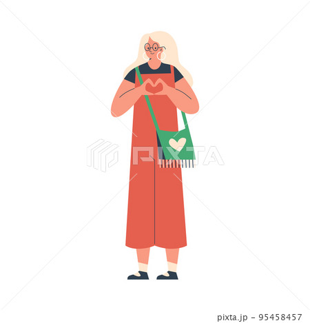 Young blonde woman in glasses shows heart symbol with hands flat style 95458457