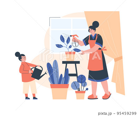 Mother and daughter care of indoor plants flat vector illustration isolated. Mother and daughter care of indoor plants flat vector illustration isolated. 95459299