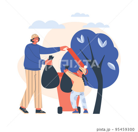 Father taking out garbage with his daughter, flat vector illustration isolated on white background. 95459300