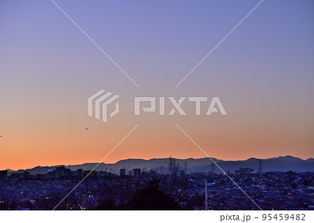 茜色に染まりながら舞う飛行機 95459482