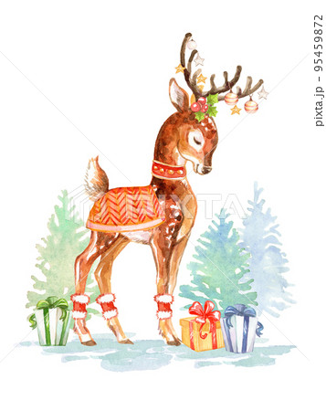 Christmas deer and gifts watercolor isolated illustration 95459872