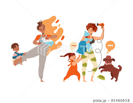 Tired Mom with Naughty Kid Feeling Stress and Exhaustion of Multitasking Vector Set Tired Mom with Naughty Kid Feeling Stress and Exhaustion of Multitasking Vector Set 95460658