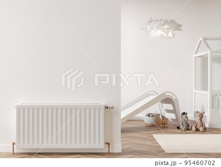 White heating radiator on white wall in modern room. Home interior. Central heating system. Heating is getting more expensive. Energy crisis. 3D rendering. White heating radiator on white wall in modern room. Home interior. Central heating system. Heating is getting more expensive. Energy crisis. 3D rendering. 95460702