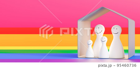 LGBT family figures, banner with copy space. Homosexual parents with children. LGBT adoption concept. LGBTQ, include lesbians, gays, bisexuals and transgender people. Equal marriage. 3D rendering. 95460736