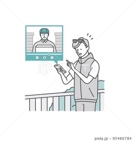 スマートホーム：宅配ボックス（アプリで配達員と話す男性） 95460784