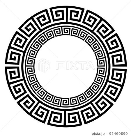 Greek round frame. Ancient Greek key black frame pattern, round antique border from Greece 95460890