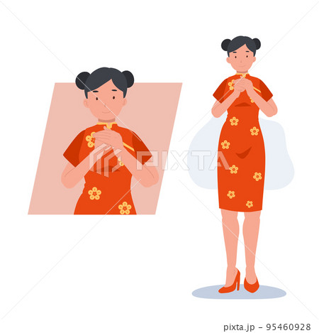 Chinese New Year woman Greeting. Flat vector cartoon character illustration Chinese New Year woman Greeting. Flat vector cartoon character illustration 95460928