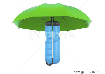 Plastic sport water bottle under umbrella, 3D rendering 95461965