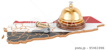 Yemen booking concept. Yemeni flag with hotel key and reception bell, 3D rendering 95461996