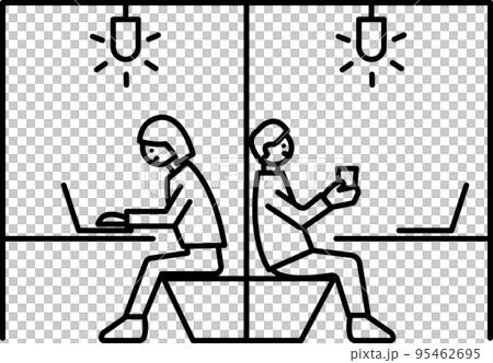 シェアオフィス、コワーキングスペースのイメージイラスト　線画のみ 95462695