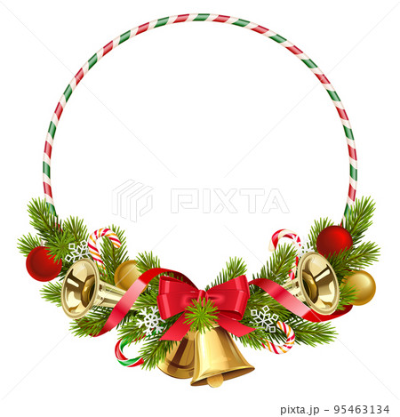 Vector Christmas Circle Fir Decoration with Trumpets 95463134